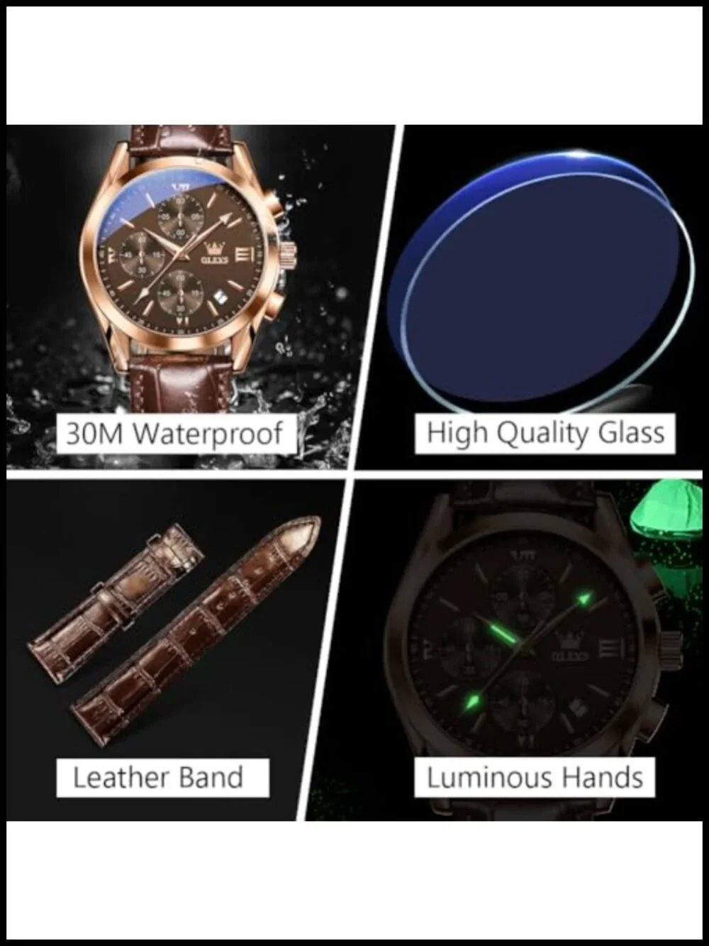 Men's Leather Chronograph Watch Big Face Roman Numeral Quartz 40mm